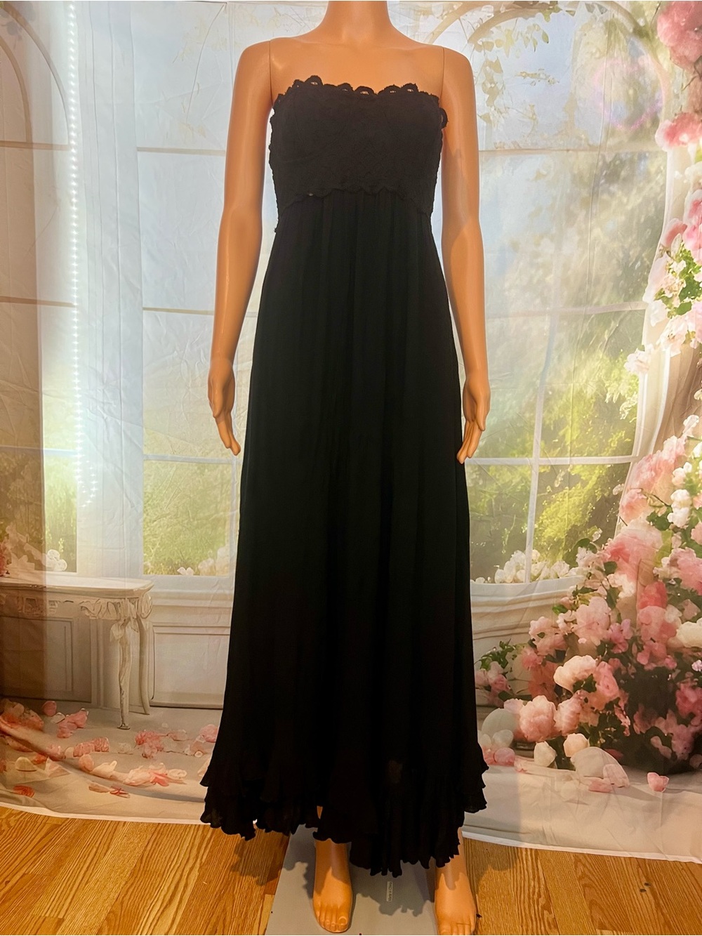 Free People Black Strapless Lace-Bodice Maxi Dress